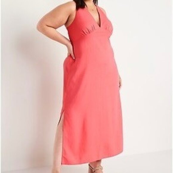 Old Navy Coral Pink V Neck Smocked Back Linen Blend Dress Large - Picture 1 of 12